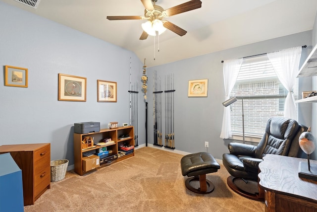 616 Forefront Ave, Celina, TX 75009 - living area featuring carpet floors, ceiling fan, lofted ceiling, and baseboards