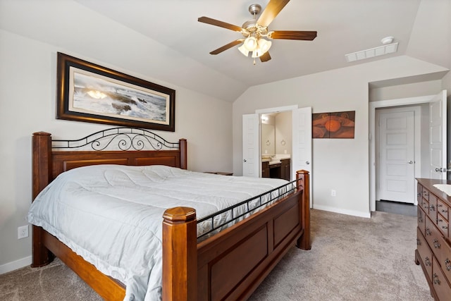 616 Forefront Ave, Celina, TX 75009 - bedroom with light colored carpet, baseboards, vaulted ceiling, connected bathroom, and ceiling fan