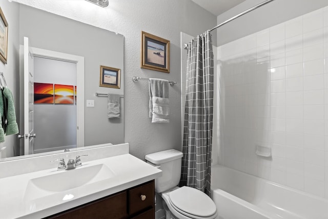616 Forefront Ave, Celina, TX 75009 - bathroom with a textured wall, toilet, vanity, and shower / tub combo with curtain