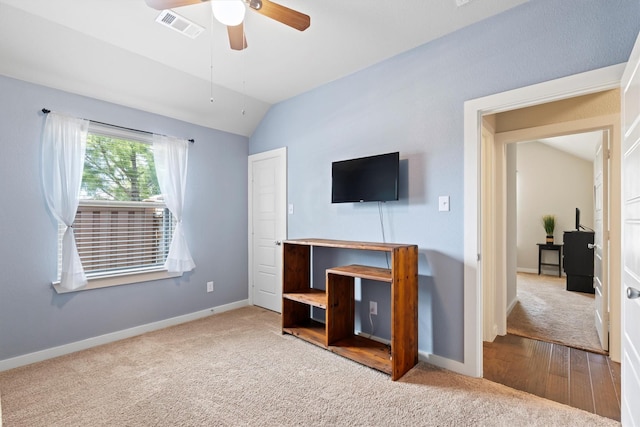 616 Forefront Ave, Celina, TX 75009 - unfurnished bedroom with carpet, vaulted ceiling, baseboards, and ceiling fan