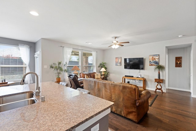 616 Forefront Ave, Celina, TX 75009 - living area featuring a ceiling fan, dark wood-style floors, baseboards, and recessed lighting