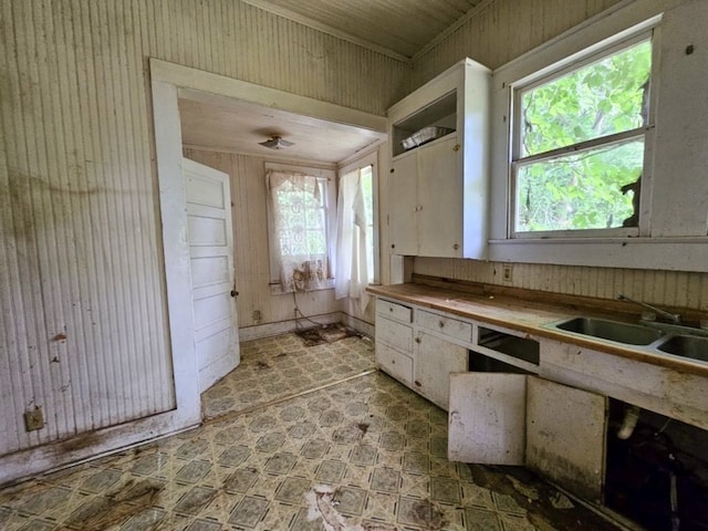 823 W Louisiana St, Palestine, TX 75801 - kitchen with a sink, light flooring, wooden walls, and white cabinetry