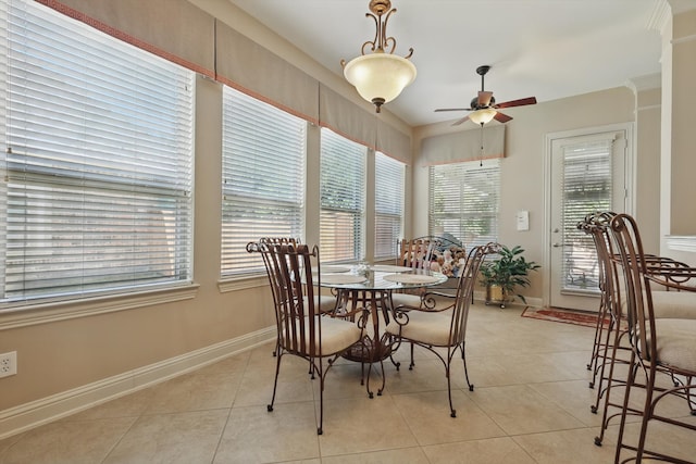 9352 Blanco Dr, Lantana, TX 76226 - dining room featuring a ceiling fan, light tile patterned flooring, and baseboards