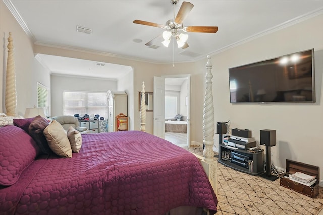 9352 Blanco Dr, Lantana, TX 76226 - bedroom featuring crown molding, a ceiling fan, baseboards, and ensuite bath