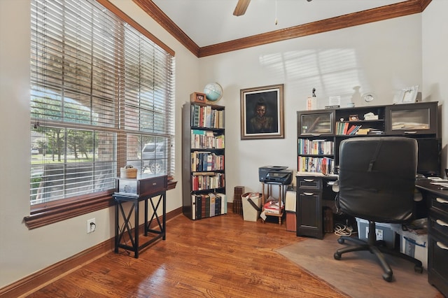9352 Blanco Dr, Lantana, TX 76226 - home office featuring ornamental molding, wood finished floors, ceiling fan, and baseboards