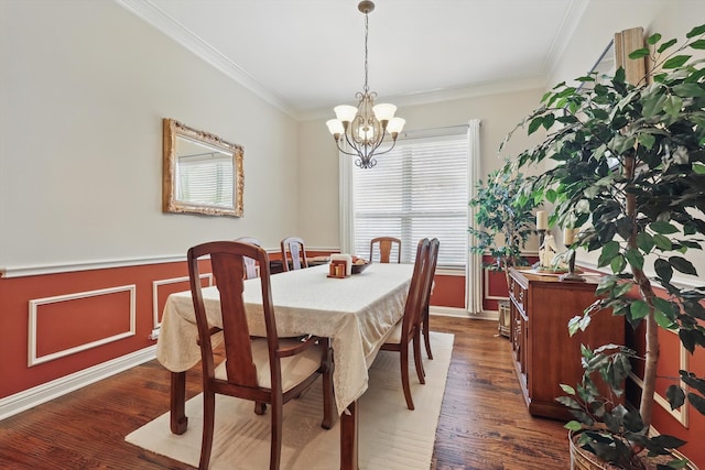 9352 Blanco Dr, Lantana, TX 76226 - dining room featuring a chandelier, wood finished floors, crown molding, wainscoting, and baseboards