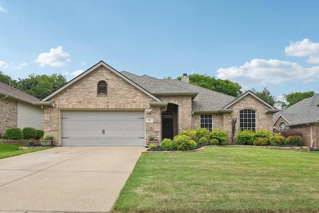 921 Stoneway Dr, Denton, TX 76210 - view of front of house featuring a garage, driveway, a front lawn, and a shingled roof