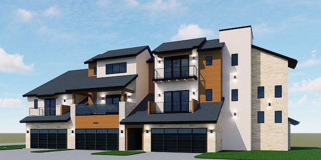 13701 Hillcrest Rd Unit 17, Dallas, TX 75240 - contemporary house with stone siding, a standing seam roof, a balcony, an attached garage, and metal roof