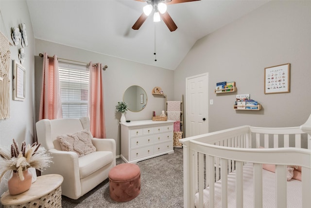 5536 Green Hollow Ln, The Colony, TX 75056 - bedroom with a crib, light carpet, vaulted ceiling, and ceiling fan