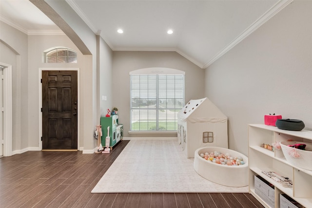 5536 Green Hollow Ln, The Colony, TX 75056 - recreation room featuring ornamental molding, dark wood-style flooring, baseboards, recessed lighting, and lofted ceiling