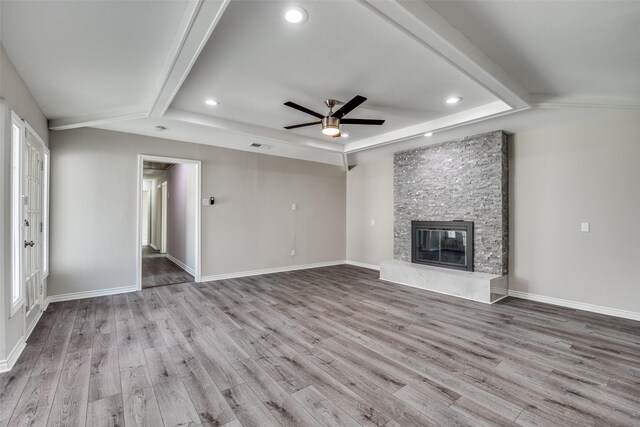 15820 Meadow Vista Dr, Dallas, TX 75248 - unfurnished living room featuring wood finished floors, a ceiling fan, recessed lighting, a fireplace, and baseboards