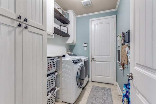 1386 Caspian Dr, Roanoke, TX 76262 - washroom with cabinet space, washing machine and clothes dryer, light tile patterned floors, ornamental molding, and baseboards