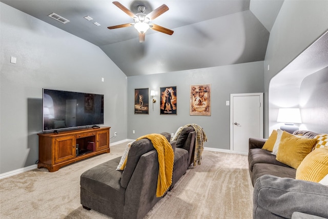 1386 Caspian Dr, Roanoke, TX 76262 - home theater featuring light colored carpet, lofted ceiling, ceiling fan, and baseboards