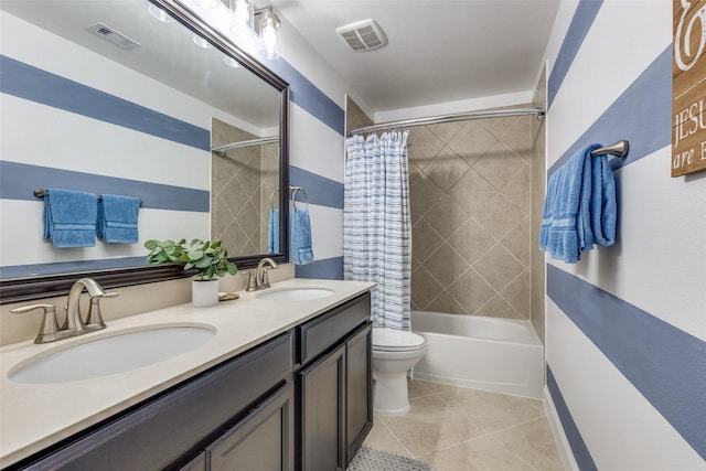 1386 Caspian Dr, Roanoke, TX 76262 - bathroom featuring shower / bathtub combination with curtain, double vanity, tile patterned flooring, and toilet