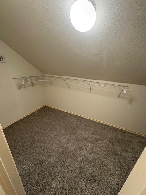 5421 Palace Dr, Richardson, TX 75082 - walk in closet featuring carpet floors and vaulted ceiling