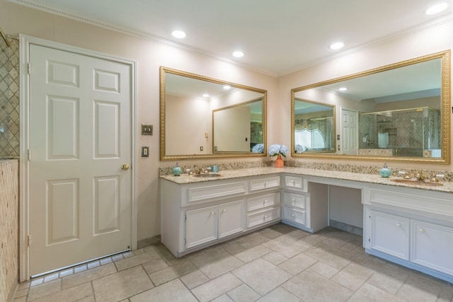 2111 Menton Pl, Carrollton, TX 75006 - full bath featuring crown molding, double vanity, and a shower stall