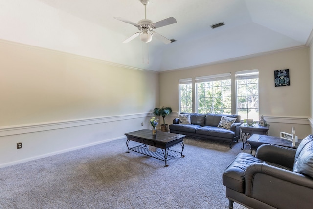 2111 Menton Pl, Carrollton, TX 75006 - living area with carpet, a ceiling fan, vaulted ceiling, and ornamental molding