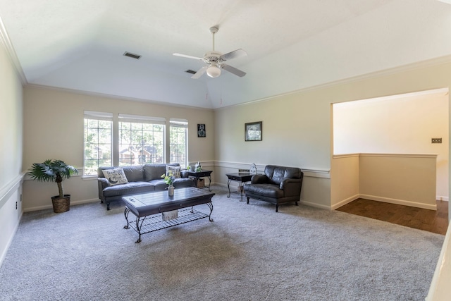 2111 Menton Pl, Carrollton, TX 75006 - carpeted living area featuring a ceiling fan, lofted ceiling, crown molding, and baseboards