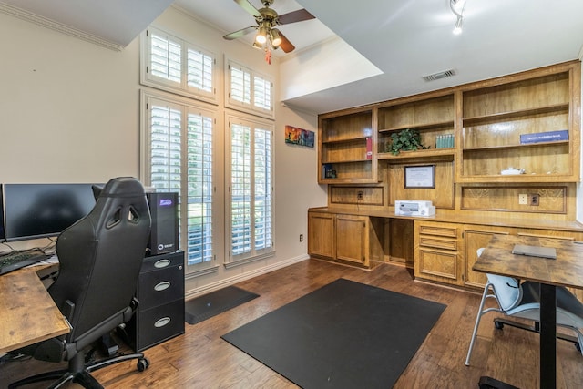 2111 Menton Pl, Carrollton, TX 75006 - office featuring a ceiling fan, crown molding, plenty of natural light, and dark wood-style flooring