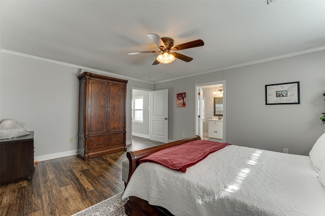 430 Hornik Rd, Ennis, TX 75119 - bedroom featuring wood finished floors, ornamental molding, baseboards, a ceiling fan, and connected bathroom