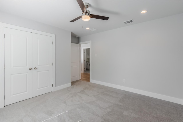 702 Graham Ave, Dallas, TX 75223 - unfurnished bedroom featuring carpet floors, baseboards, a closet, recessed lighting, and a ceiling fan