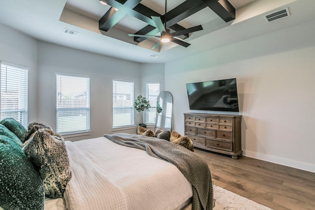 2104 Palafox Dr, Waco, TX 76655 - bedroom featuring coffered ceiling, wood finished floors, baseboards, ceiling fan, and beam ceiling