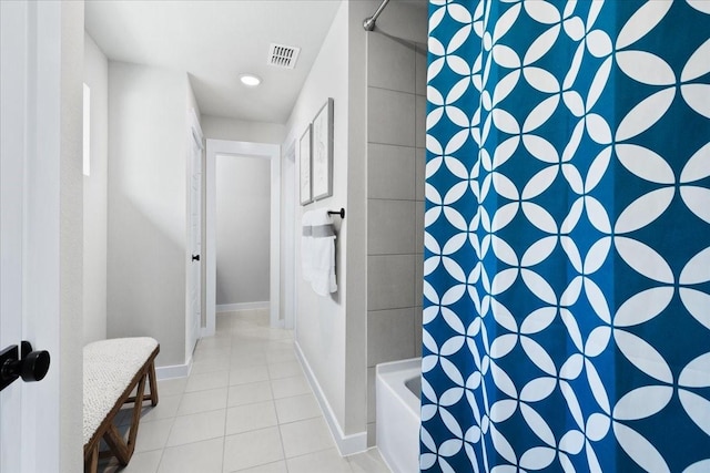 1213 Angel Ln, Aubrey, TX 76227 - bathroom with tile patterned floors, shower / bath combination with curtain, baseboards, and recessed lighting