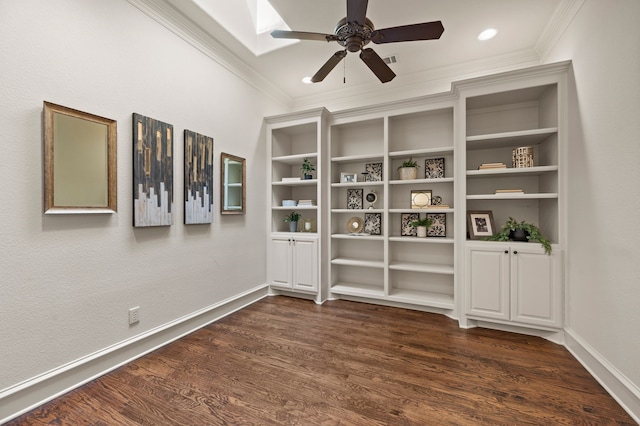 33 Main St Unit 220, Colleyville, TX 76034 - unfurnished room featuring crown molding, ceiling fan, dark wood-style floors, a skylight, and baseboards