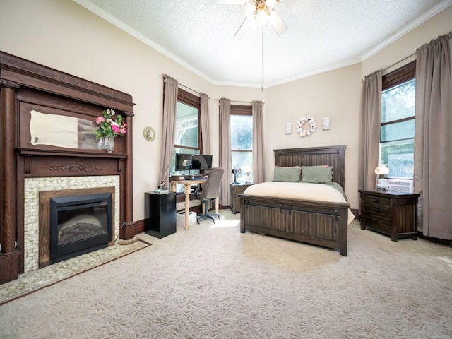 306 E Tarrant St, Bowie, TX 76230 - bedroom featuring carpet flooring, crown molding, multiple windows, a textured ceiling, and an office area