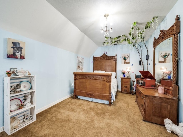306 E Tarrant St, Bowie, TX 76230 - carpeted bedroom featuring a chandelier, baseboards, and lofted ceiling