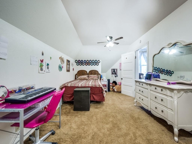 306 E Tarrant St, Bowie, TX 76230 - bedroom featuring light carpet, lofted ceiling, and a ceiling fan