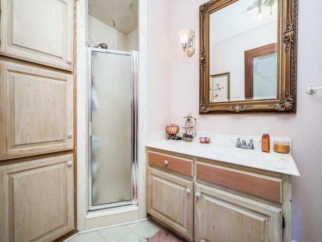 306 E Tarrant St, Bowie, TX 76230 - bathroom featuring a shower stall, vanity, and tile patterned flooring