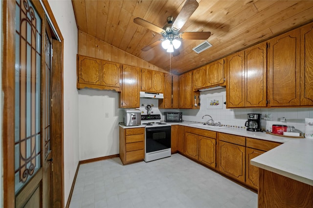 225 Springwood Cir, Chandler, TX 75758 - kitchen featuring range with electric cooktop, under cabinet range hood, brown cabinetry, vaulted ceiling, and wood ceiling
