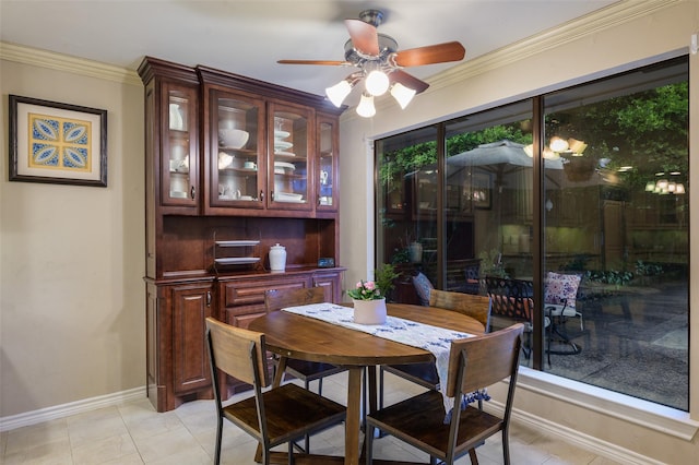 9208 Seagrove Dr, Dallas, TX 75243 - dining space with a ceiling fan, baseboards, and ornamental molding