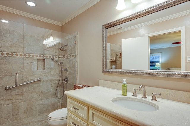 9208 Seagrove Dr, Dallas, TX 75243 - full bathroom with tiled shower, toilet, vanity, and ornamental molding