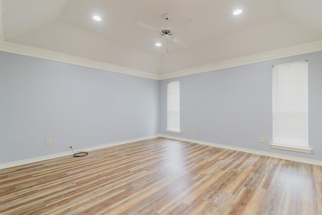 1103 Bluebonnet Hill Dr, Ennis, TX 75119 - empty room with a ceiling fan, light wood-style floors, recessed lighting, crown molding, and vaulted ceiling