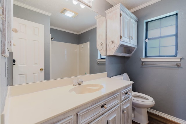 1103 Bluebonnet Hill Dr, Ennis, TX 75119 - bathroom featuring vanity, a shower, crown molding, wood finished floors, and plenty of natural light