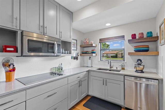 5120 Fairway Cir, Granbury, TX 76049 - kitchen with appliances with stainless steel finishes, open shelves, a sink, decorative backsplash, and gray cabinetry