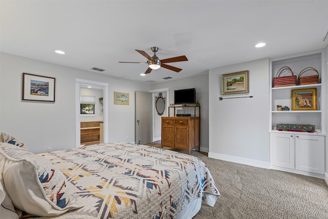 5120 Fairway Cir, Granbury, TX 76049 - bedroom featuring carpet, recessed lighting, ceiling fan, baseboards, and ensuite bath