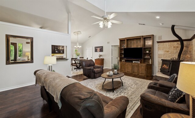 1000 Ballard Rd, Van Alstyne, TX 75495 - living area featuring wood finished floors, a chandelier, baseboards, ceiling fan, and high vaulted ceiling