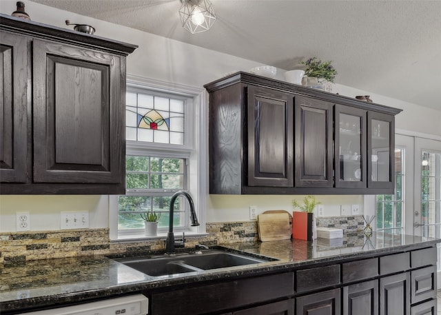 1000 Ballard Rd, Van Alstyne, TX 75495 - kitchen featuring a sink, dark brown cabinetry, dishwasher, glass insert cabinets, and a textured ceiling