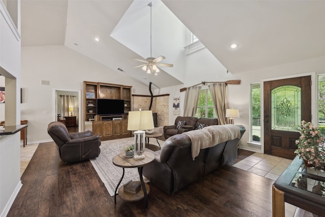 1000 Ballard Rd, Van Alstyne, TX 75495 - living room with high vaulted ceiling, ceiling fan, light wood-type flooring, recessed lighting, and baseboards