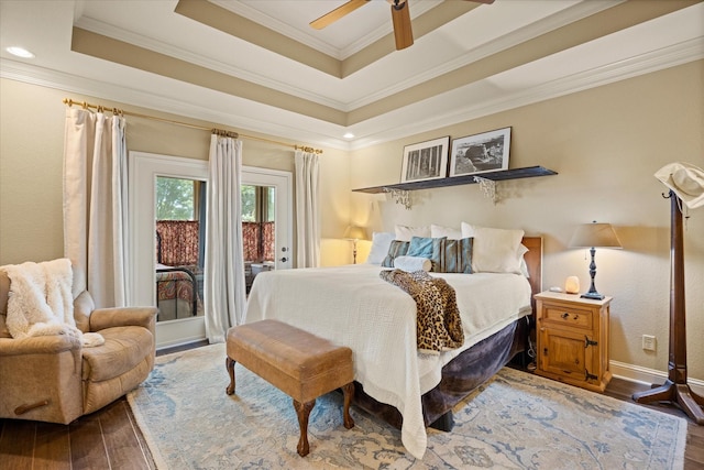 1096 Black Hawk Trl, Nemo, TX 76070 - bedroom with wood finished floors, access to outside, ornamental molding, a tray ceiling, and ceiling fan