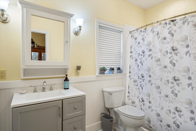 1096 Black Hawk Trl, Nemo, TX 76070 - bathroom featuring wainscoting, toilet, vanity, and a shower with shower curtain