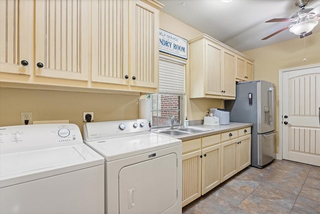 1096 Black Hawk Trl, Nemo, TX 76070 - washroom with a ceiling fan, washer and dryer, stone finish flooring, and cabinet space