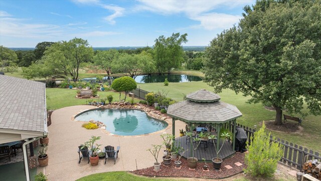 1096 Black Hawk Trl, Nemo, TX 76070 - view of pool featuring a gazebo, a water view, and a patio area