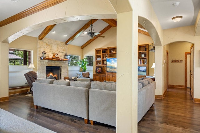 1096 Black Hawk Trl, Nemo, TX 76070 - living area with a ceiling fan, a fireplace, plenty of natural light, and dark wood-style flooring