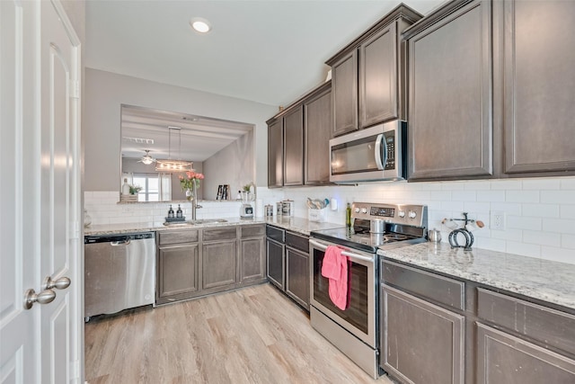 2211 Barrow St, Princeton, TX 75407 - kitchen featuring stainless steel appliances, a sink, backsplash, light stone countertops, and dark brown cabinetry