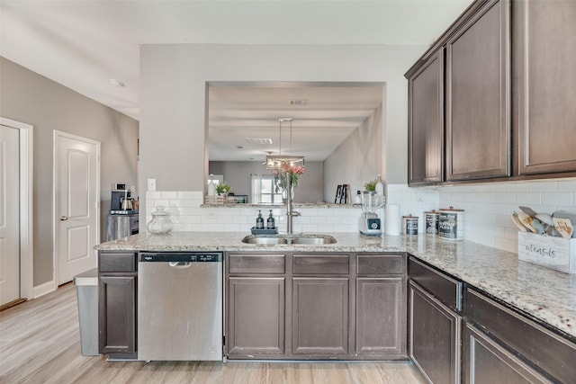 2211 Barrow St, Princeton, TX 75407 - kitchen featuring stainless steel dishwasher, a sink, backsplash, light stone counters, and dark brown cabinets