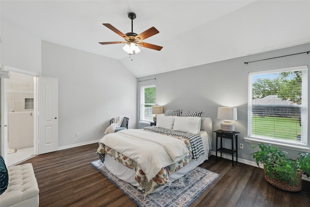 1137 Countryhill Dr, Keller, TX 76248 - bedroom featuring multiple windows, wood finished floors, lofted ceiling, baseboards, and a ceiling fan